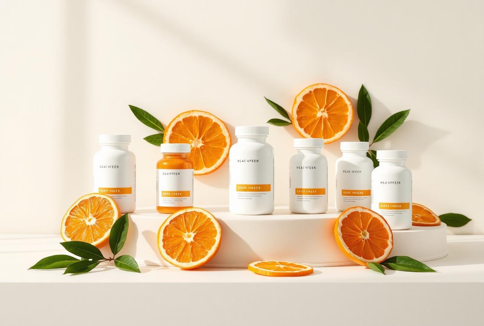 RY21 premium supplement bottles arranged with citrus and fresh leaves